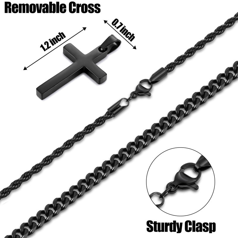 Sterling Silver Layered Cross Necklace for Men with Stainless Steel Cuban Link Rope Chain