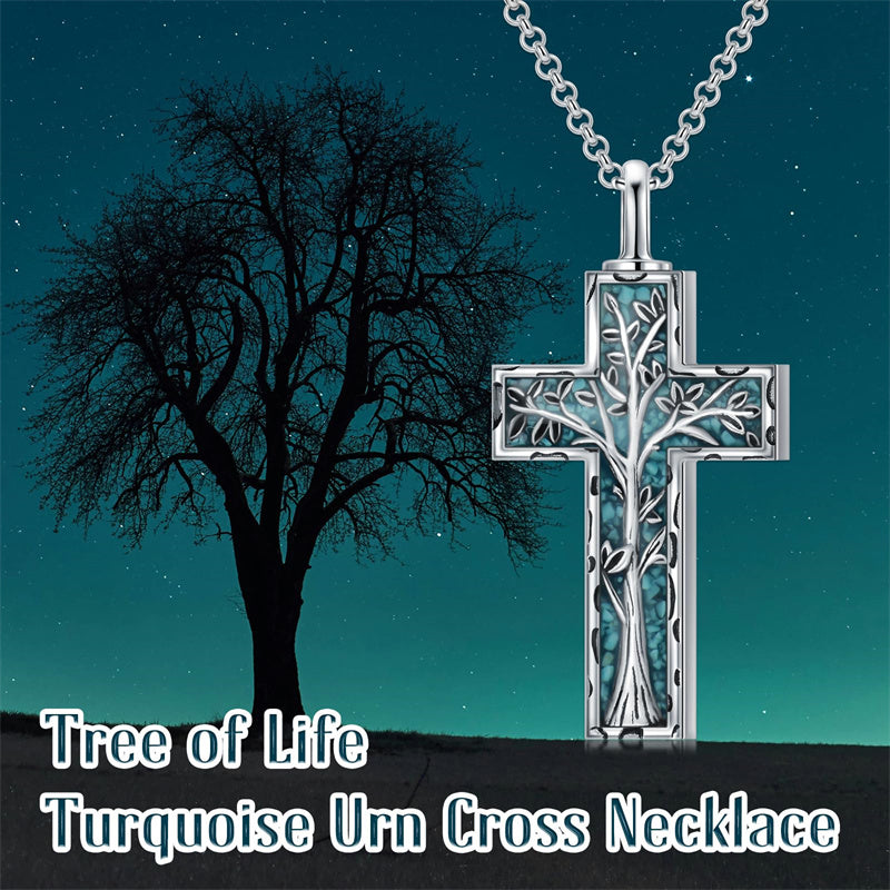 Sterling Silver 3D Bar Turquoise Tree of Life Urn Necklace for Ashes