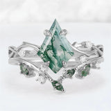 Sterling Silver 10K 14K 18K Gold  Personalized  Engraved Natural Moss Agate Engagement Bridal Wedding Ring Set