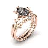 Sterling Silver 10K 14K 18K Personalized Engraved 2CT Natural Black Rutilated Quartz Engagement Ring Set