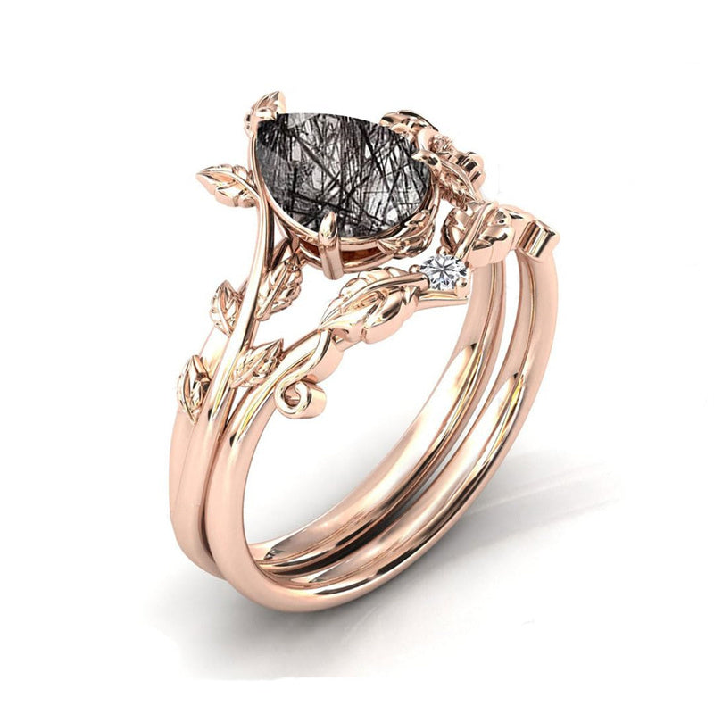 Sterling Silver 10K 14K 18K Personalized Engraved 2CT Natural Black Rutilated Quartz Engagement Ring Set