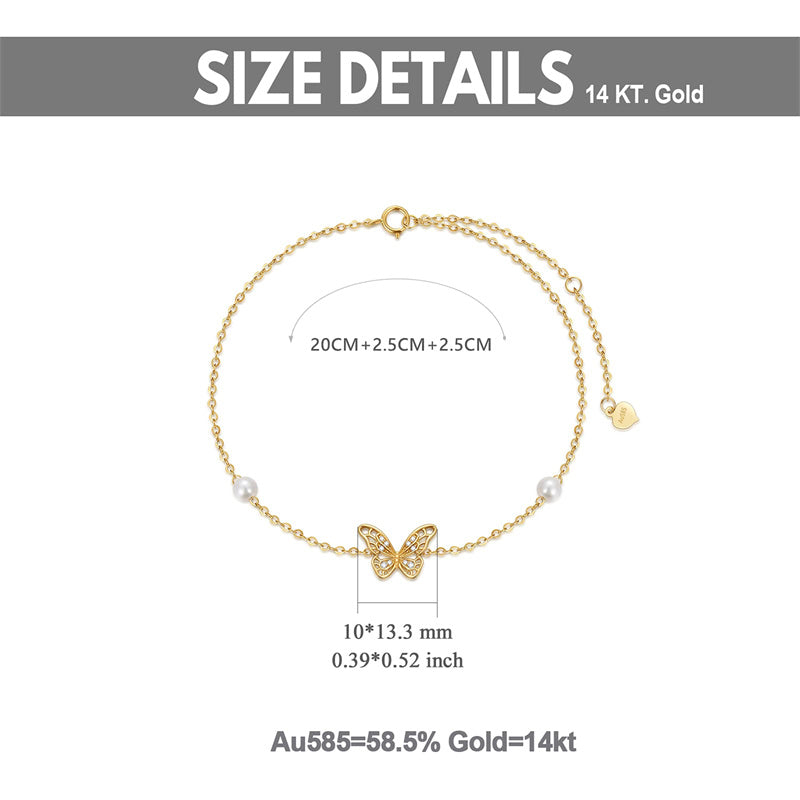14k Gold Butterfly Pearl Single Layer Anklet