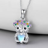 Sterling Silver  Moonstone Colored Cubic Zirconia Highland Cow Pendant Necklace