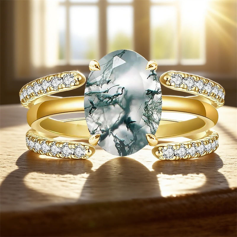 Sterling Silver Oval Natural Moss Agate Couples Promise Wedding Ring Set