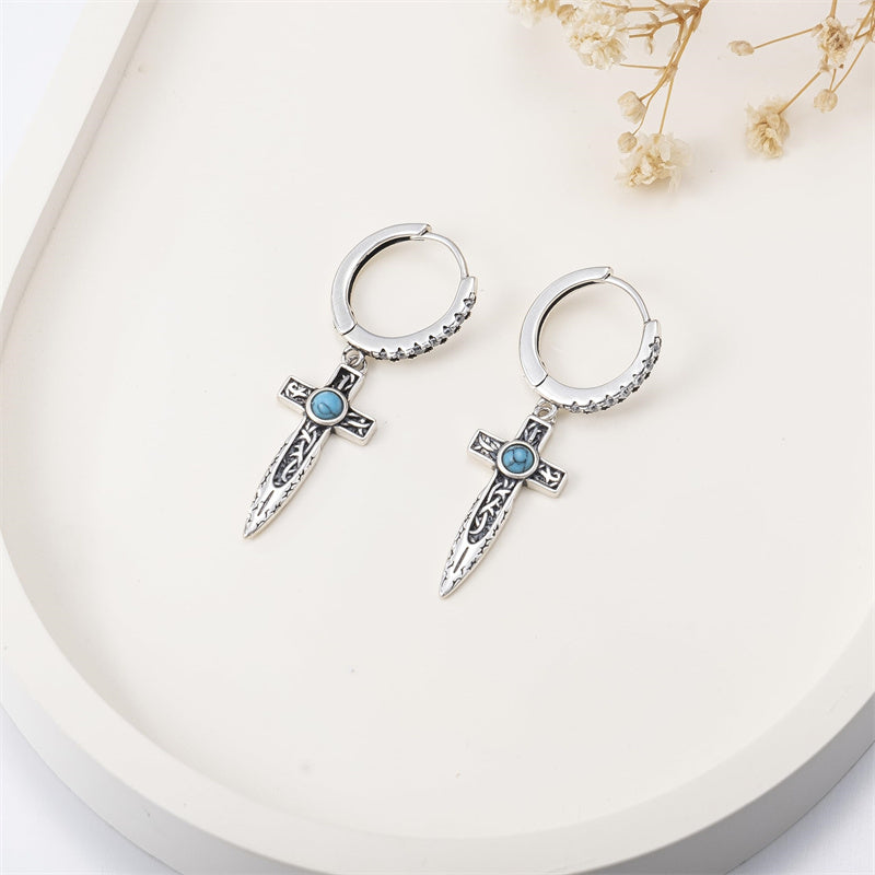 Sterling Silver Turquoise Cross Hoop Earrings
