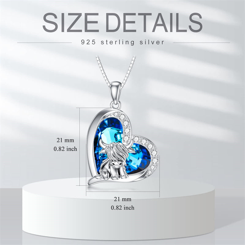 Sterling Silver Heart Crystal Highland Cow Pendant Necklace
