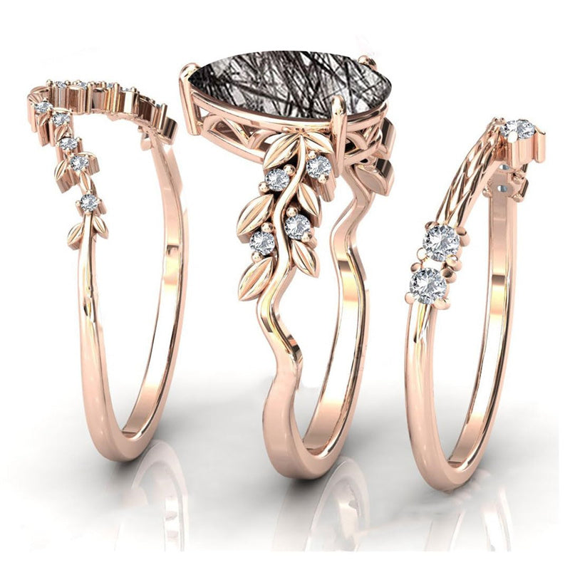 Sterling Silver 10K 14K 18K Personalized Engraved 2CT Natural Black Rutilated Quartz Engagement Ring Set