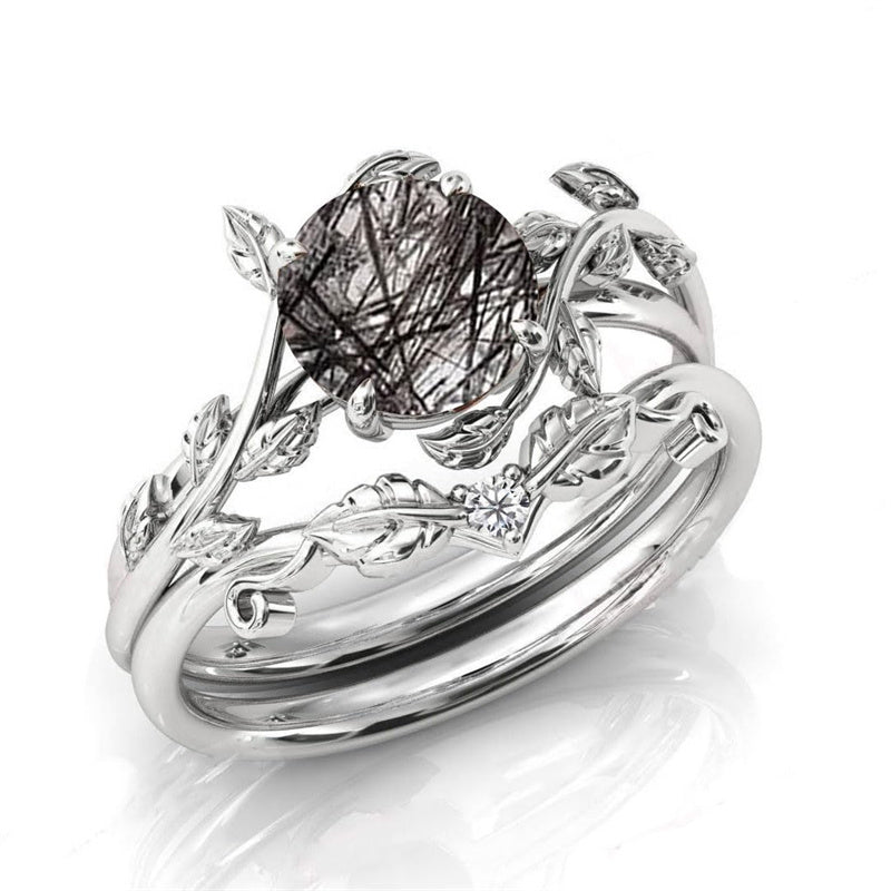 Sterling Silver 10K 14K 18K Personalized Engraved 2CT Natural Black Rutilated Quartz Engagement Ring Set