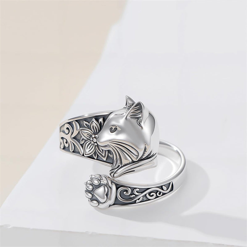Sterling Silver Cat Adjustable Spoon Ring for Women