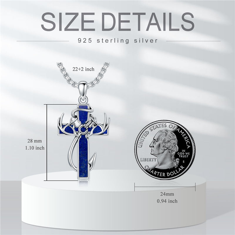 Sterling Silver Fish Hook Cross Pendant Necklace for Men