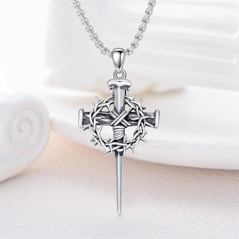 Sterling Silver Crown of Thorn Three Nail Cross Pendant Necklace