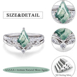 Sterling Silver Pear Kite Round Oval Cut Natural Moss Agate Leaf Engagement Wedding Promise Ring Set