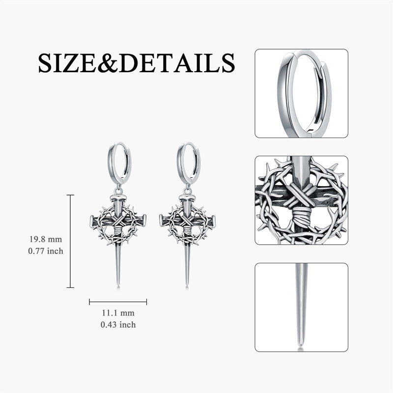 Sterling Silver Cross Hoop Earrings for Men