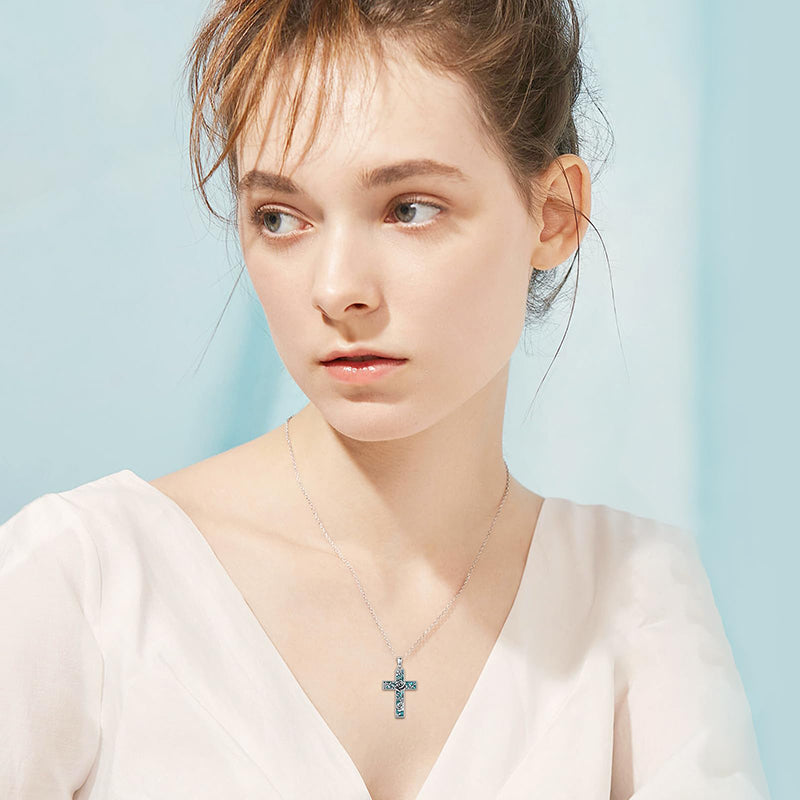 Sterling Silver Turquoise Personalized Engraved 12 Month Birth Flower Cross Pendant Necklace