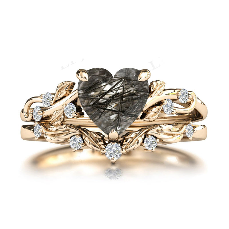Sterling Silver 10K 14K 18K Gold Personalized Engraved Natural Heart Black Rutilated Quartz Engagement Ring Set