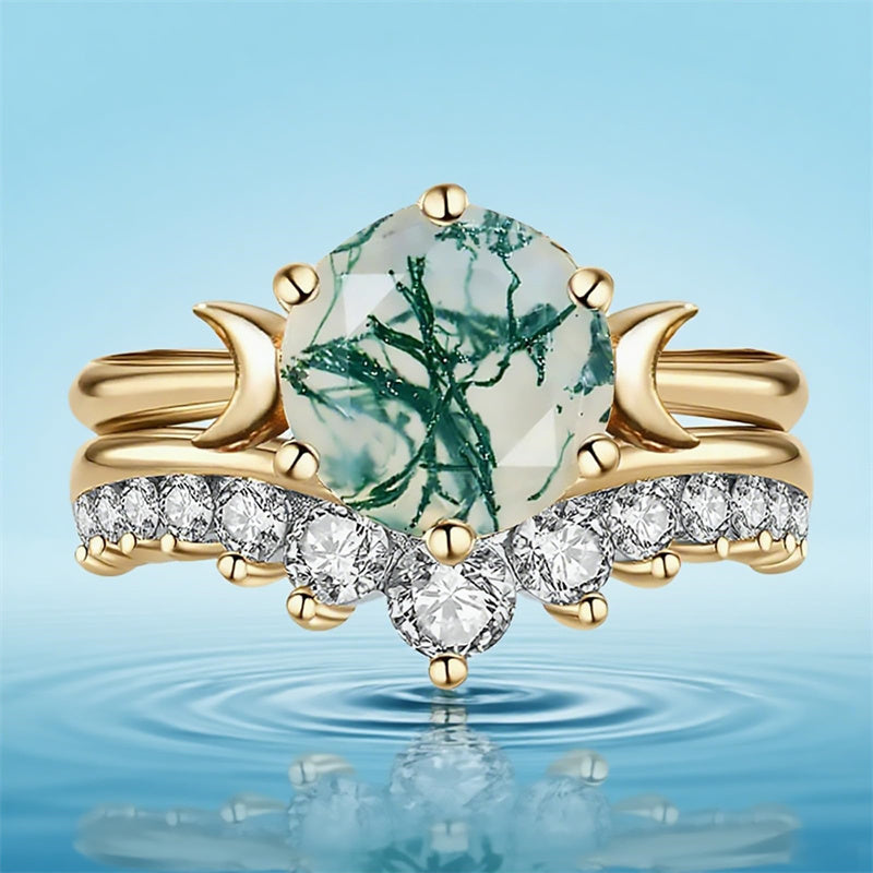 Sterling Silver Oval Round Natural Moss Agate Couples Promise Wedding Ring Set