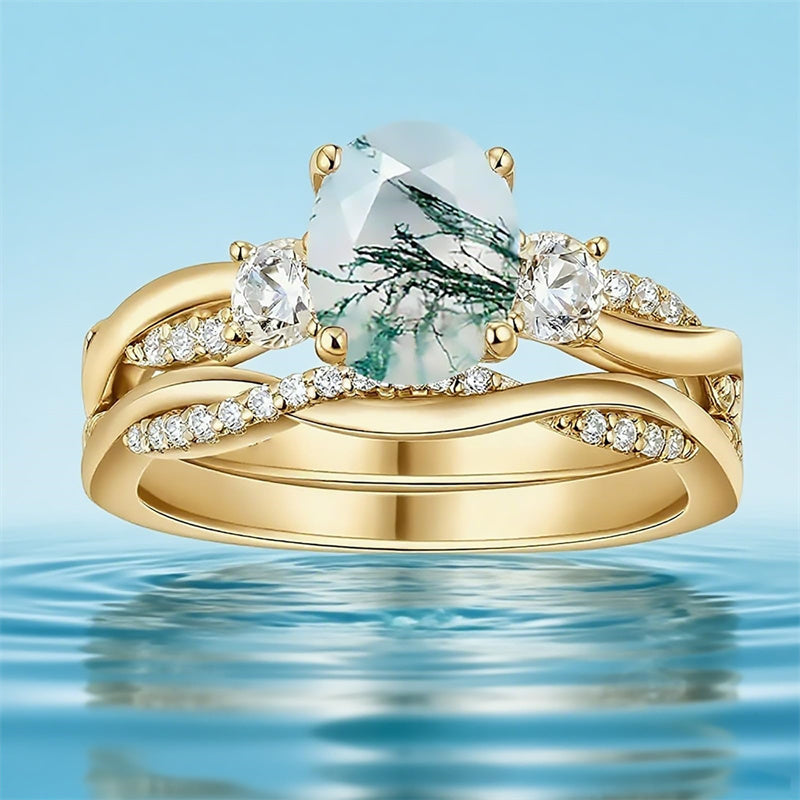 Sterling Silver Oval Round Natural Moss Agate Couples Promise Wedding Ring Set