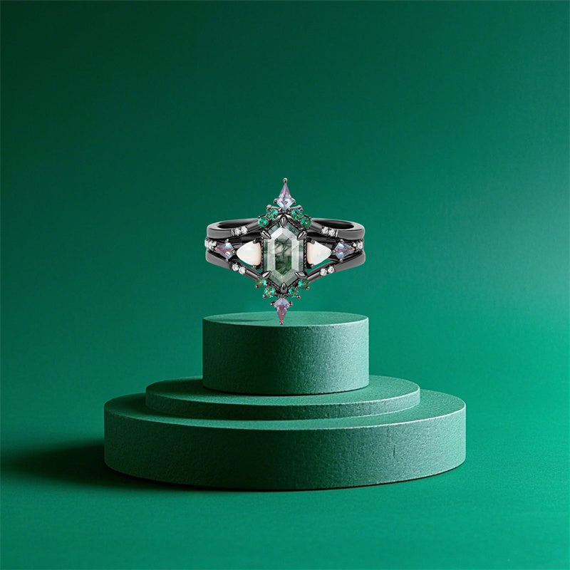 Sterling Silver 10K 14K 18K Gold  Personalized  Engraved Pear Kite Round Cut Moss Agate Engagement Ring Set