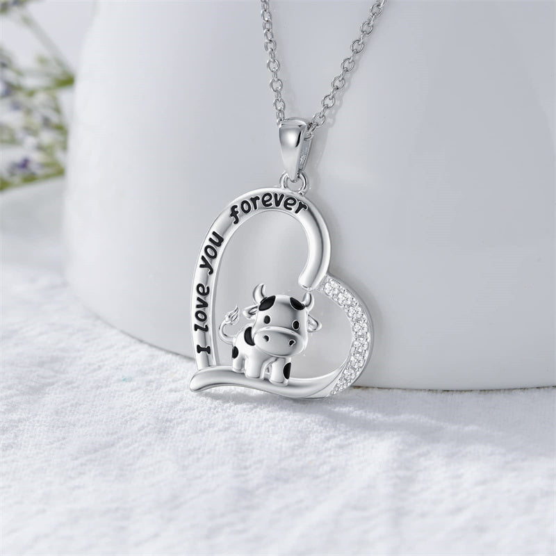 Sterling Silver Cow Pendant Necklace with Engraved