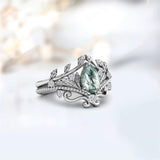 Sterling Silver Personalized  Engraved Pear Cut Moss Agate Engagement Wedding Ring Set for Women