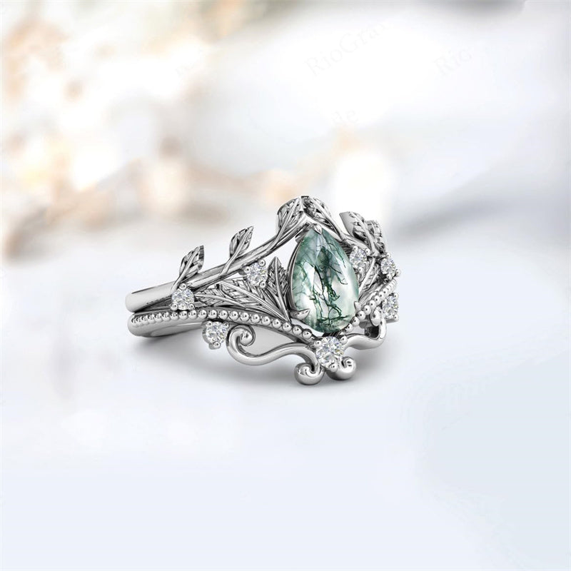 Sterling Silver Personalized  Engraved Pear Cut Moss Agate Engagement Wedding Ring Set for Women