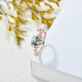 Sterling Silver 10K 14K 18K 2CT Natural Moss Agate Leaf Engagement Wedding Promise Rings Set