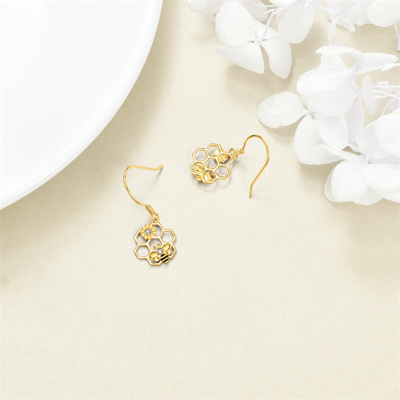 14k Yellow Gold Bee Earrings Honeycomb Bee & Sunflower Dangle Earrings