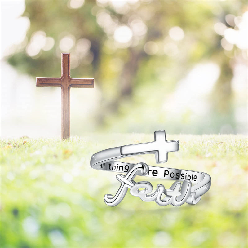 Sterling Silver Adjustable Cross Inspirational Ring With Engraved