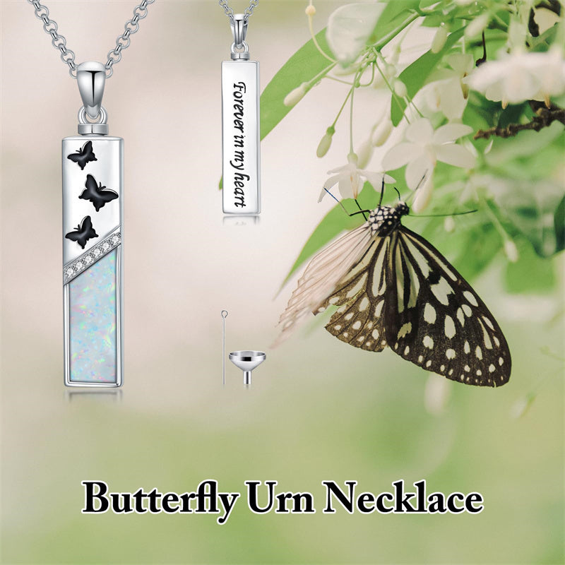 Sterling Silver  Opal Personalized Engraved Bar Pet  Butterfly Dragonfly Tree of Life  Urn Necklace for Ashes