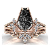 Sterling Silver 10K 14K 18K Personalized Engraved 2CT Natural Black Rutilated Quartz Engagement Ring Set