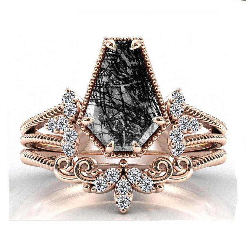 Sterling Silver 10K 14K 18K Personalized Engraved 2CT Natural Black Rutilated Quartz Engagement Ring Set