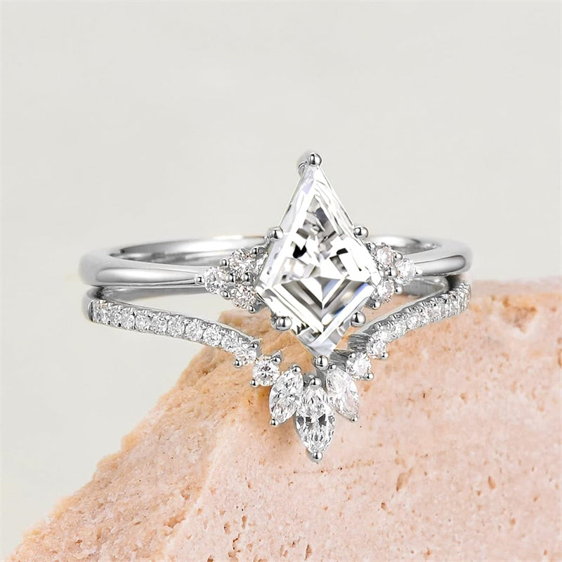 Sterling Silver 10K 14K 18K Gold Kite Cut Gemstone Wedding Ring Set