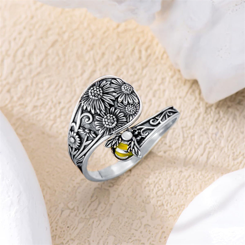 Sterling Silver Personalized Engraved Sunflower Bee Butterfly Adjustable Spoon Ring