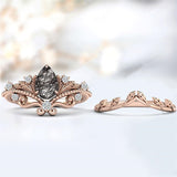 Sterling Silver 10K 14K 18K Personalized Engraved 2CT Natural Black Rutilated Quartz Engagement Ring Set