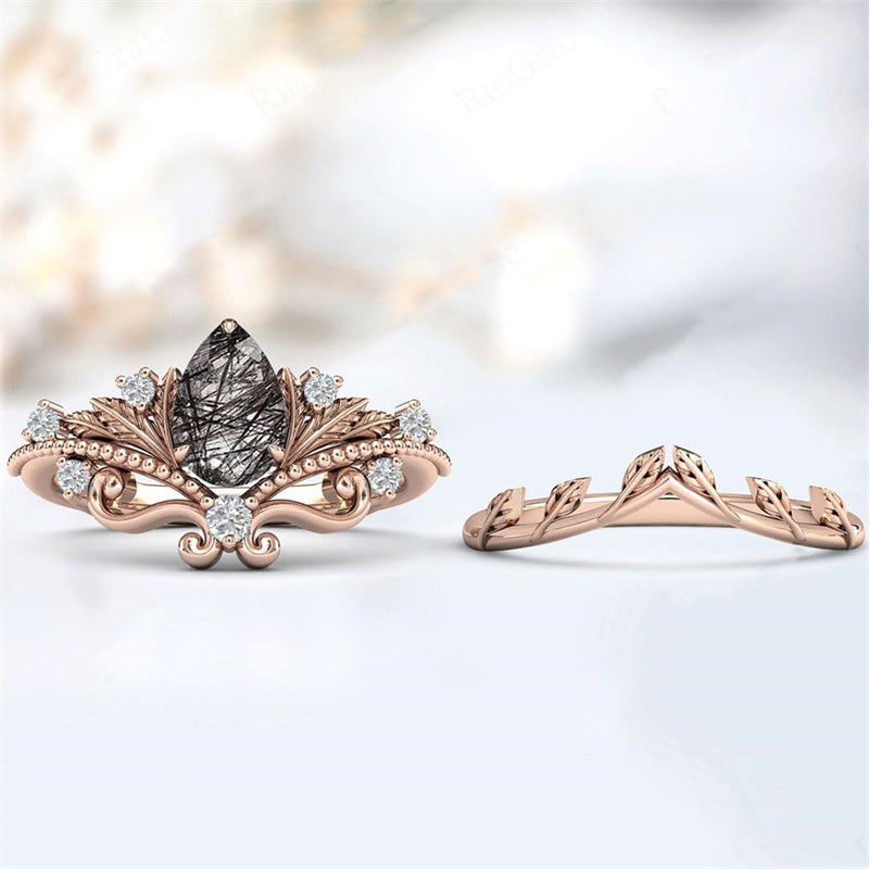 Sterling Silver 10K 14K 18K Personalized Engraved 2CT Natural Black Rutilated Quartz Engagement Ring Set