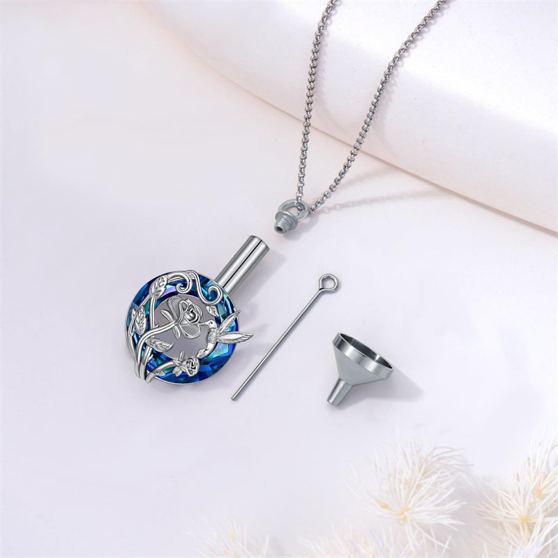 Sterling Silver Crystal Hummingbird Urn Necklace for Ashes