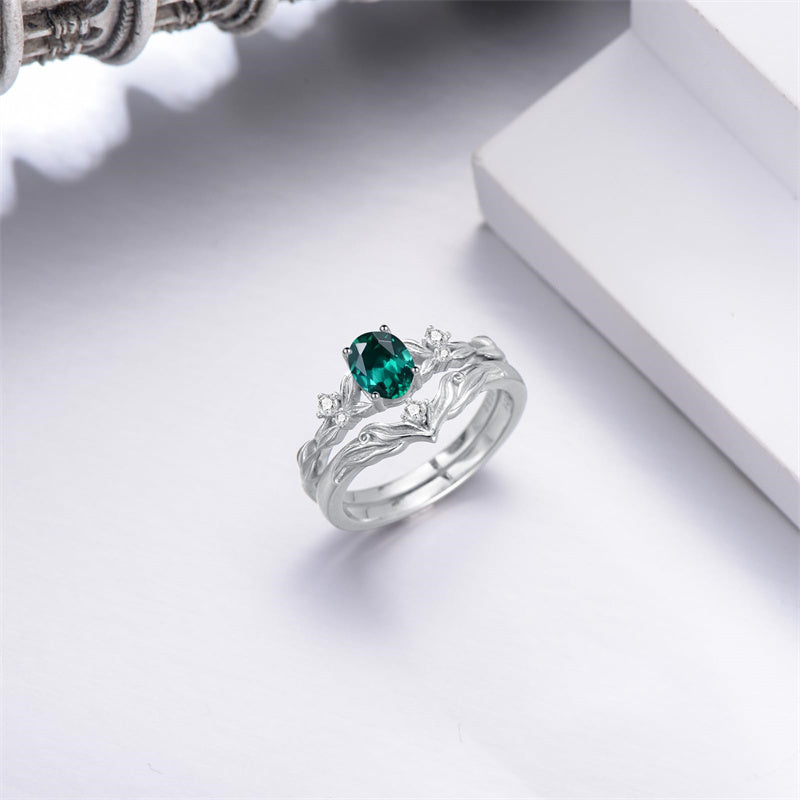 Sterling Silver 10K 14K 18K Gold  Oval Cut Unique Vine Gemstone Wedding Ring Set