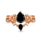 Sterling Silver 10K 14K 18K Gold Pear Cut Gemstone Leaf  Engagement Ring Set