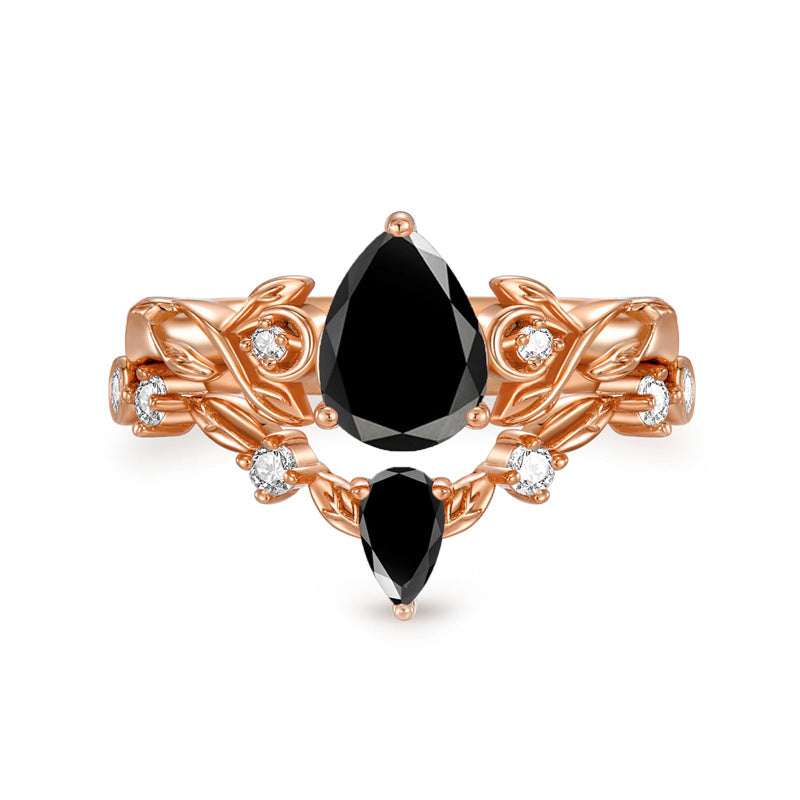 Sterling Silver 10K 14K 18K Gold Pear Cut Gemstone Leaf  Engagement Ring Set