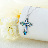 Sterling Silver  Abalone Shell Eastern Orthodox Cross Religious Pendant Necklace