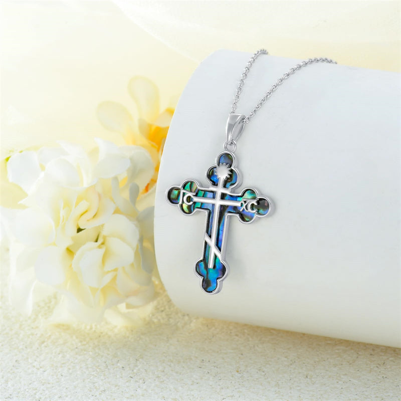 Sterling Silver  Abalone Shell Eastern Orthodox Cross Religious Pendant Necklace