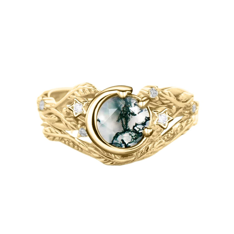 Sterling Silver Personalized  Engraved  Round Cut Moss Agate Engagement Wedding Ring Set for Women