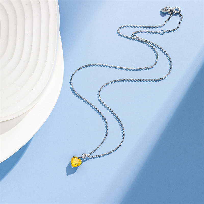 14K Solid White Gold Heart Gemstone Pendant Necklace with Sterling Silver Chain