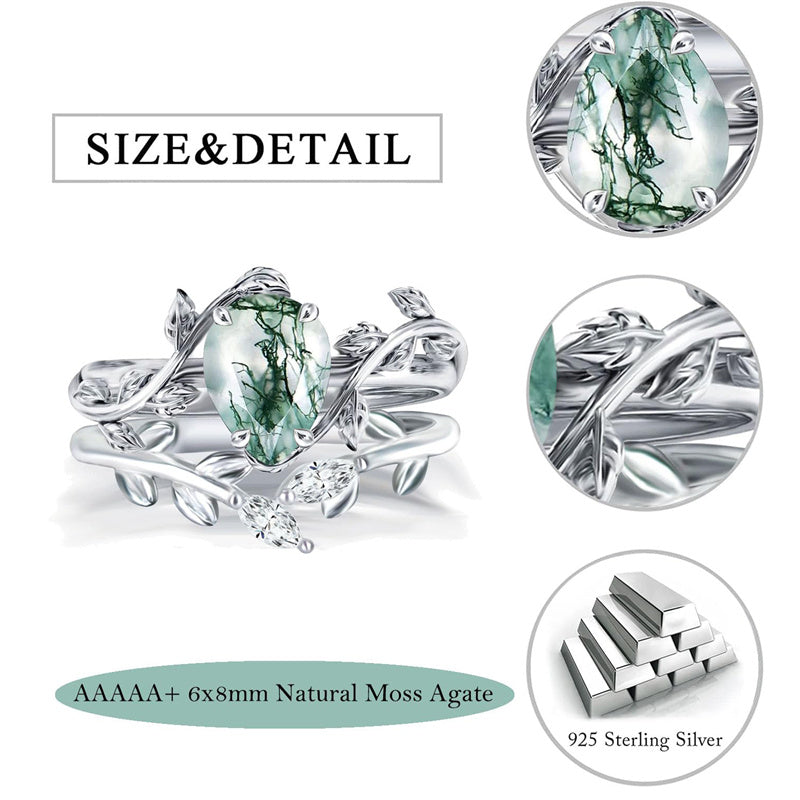 Sterling Silver Pear Kite Round Oval Cut Natural Moss Agate Leaf Engagement Wedding Promise Ring Set