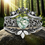 Sterling Silver Black Heart Moss Agate Engagement Wedding Ring Set for Women