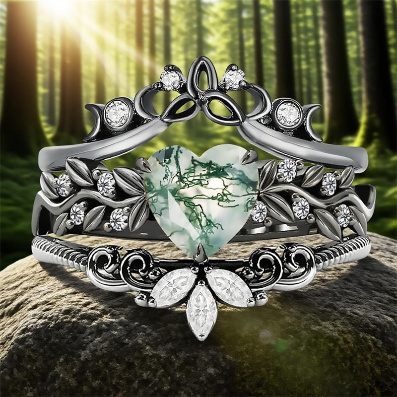 Sterling Silver Black Heart Moss Agate Engagement Wedding Ring Set for Women