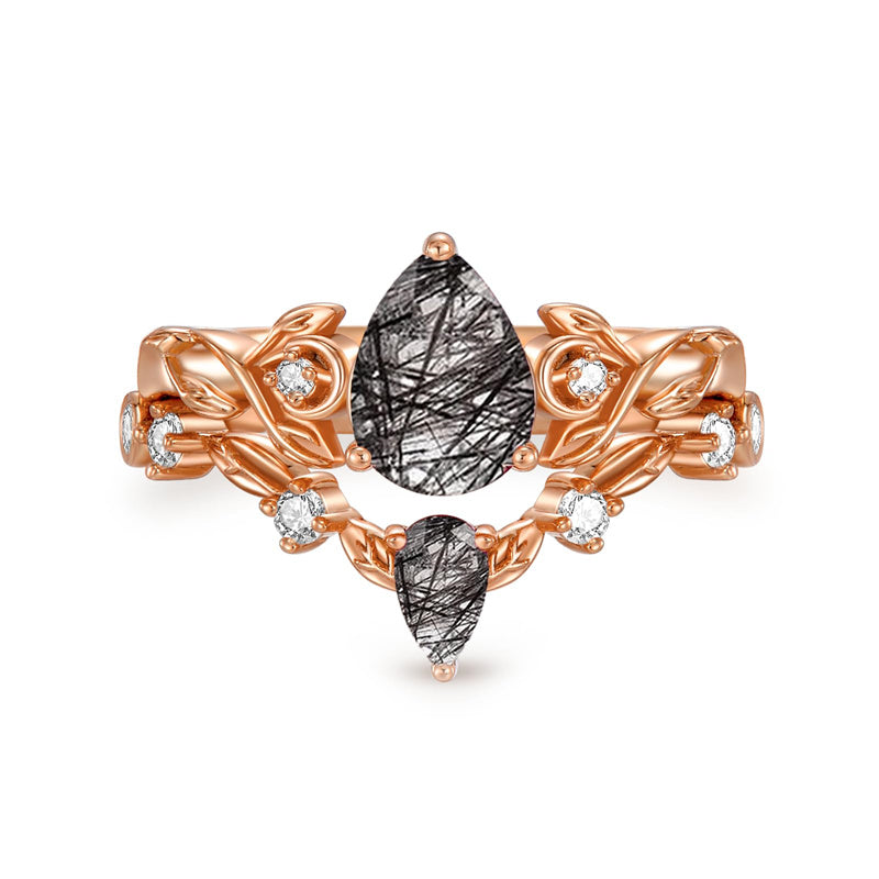 Sterling Silver 10K 14K 18K Gold Pear Cut Gemstone Leaf  Engagement Ring Set