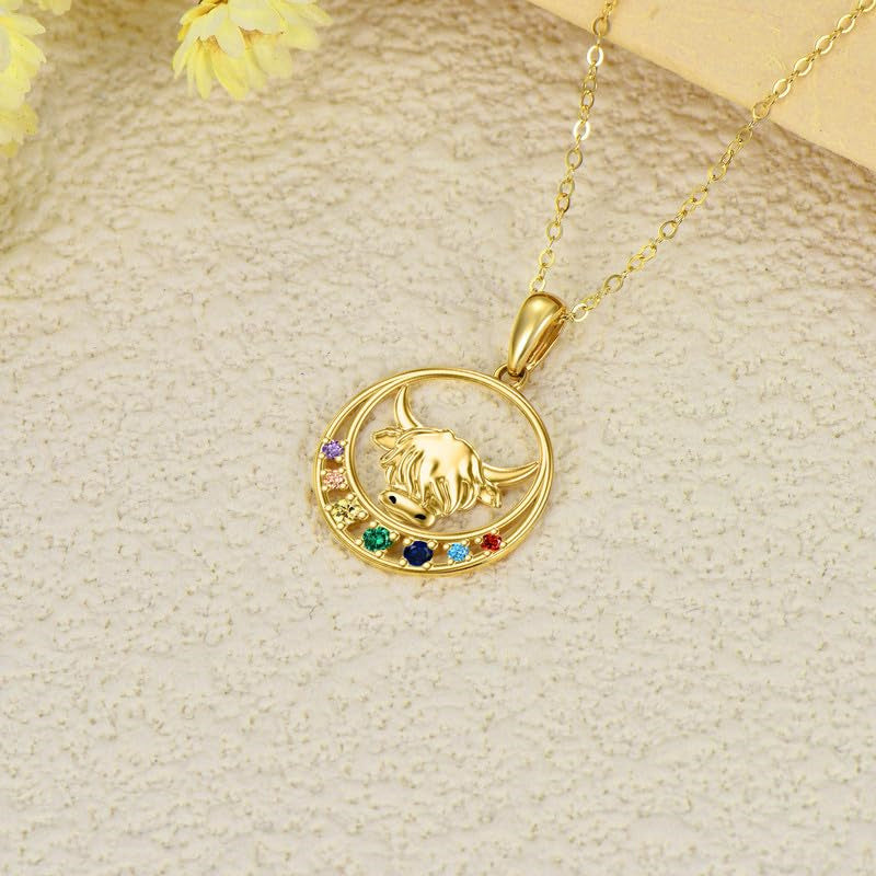 14K Gold Heart Highland Cow Pendant Necklace