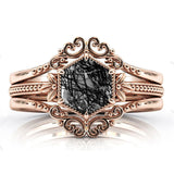 Sterling Silver 10K 14K 18K Personalized Engraved 2CT Natural Black Rutilated Quartz Engagement Ring Set