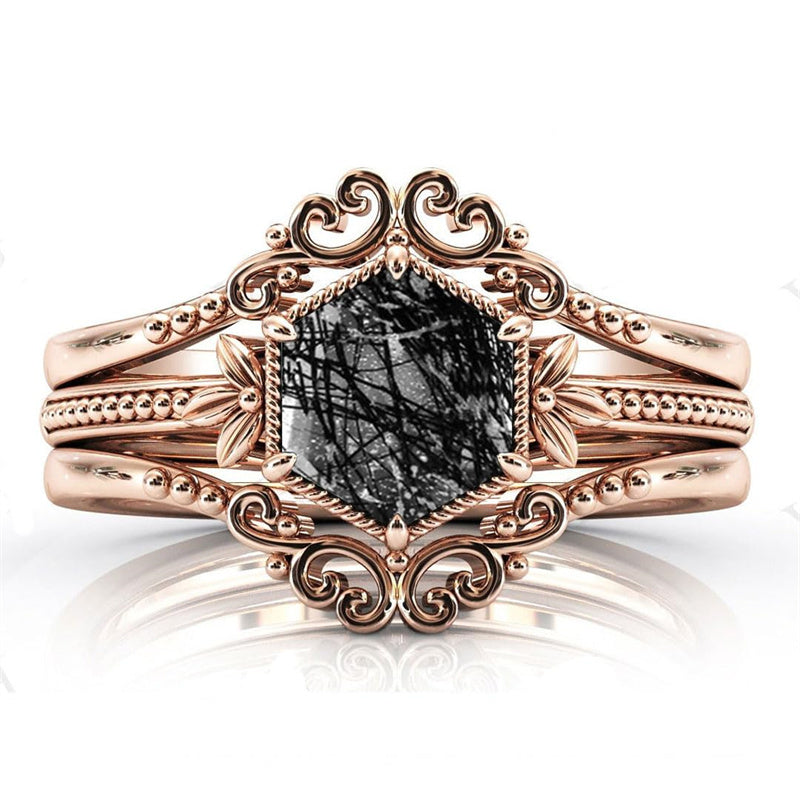 Sterling Silver 10K 14K 18K Personalized Engraved 2CT Natural Black Rutilated Quartz Engagement Ring Set